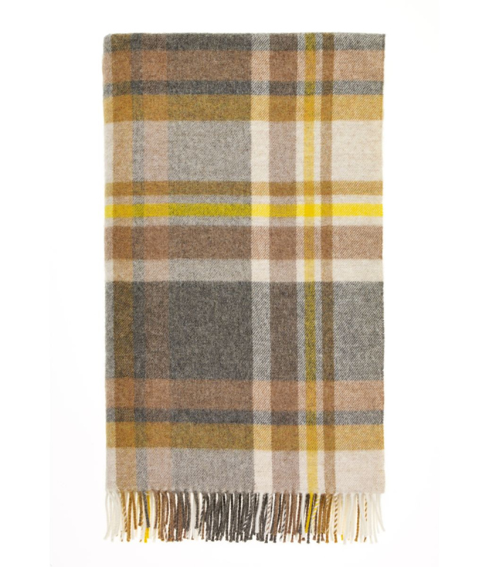 Plaid Laine Mérinos Ecossais Jaune et Gris - 140 X185 cm